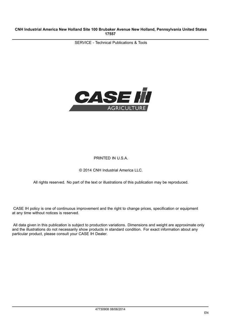 May include: A printed document featuring the "CASE IH AGRICULTURE" logo in black and gray. The document includes text about technical publications and tools, copyright information, and a disclaimer about product variations.