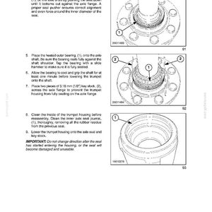 May include: Diagrams from a manual detailing the installation of an axle seal and related components. The images show cross-sectional views of mechanical parts with labels and arrows, including an axle shaft, bearings, and trumpet housing. Text provides step-by-step instructions.