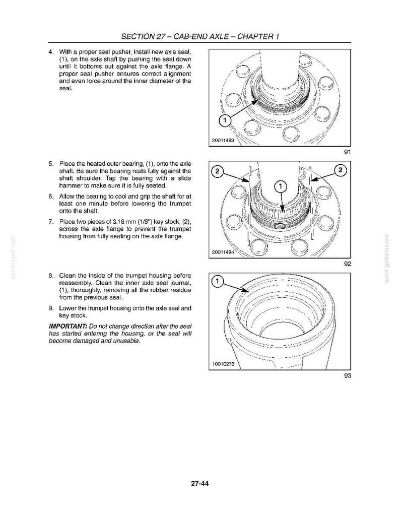 May include: Diagrams from a manual detailing the installation of an axle seal and related components. The images show cross-sectional views of mechanical parts with labels and arrows, including an axle shaft, bearings, and trumpet housing. Text provides step-by-step instructions.