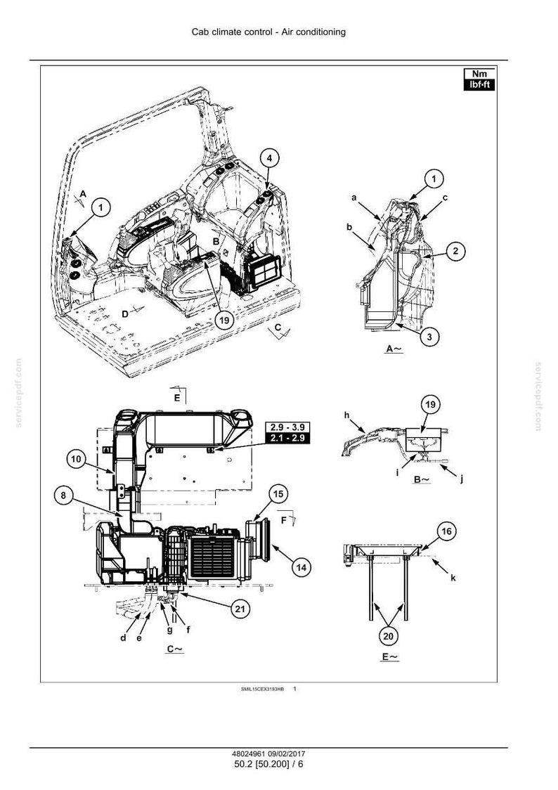 May include: Diagram of a vehicle's cab climate control system, including air conditioning components. The image is a technical illustration with labels and callouts for various parts, such as the air conditioning unit, vents, and ductwork.