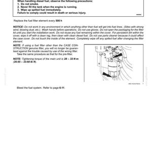 May include: A page from a maintenance manual detailing fuel filter replacement. The text includes safety warnings about fire hazards and instructions for handling diesel fuel. The image also shows a diagram of the fuel filter assembly and tightening torque specifications.