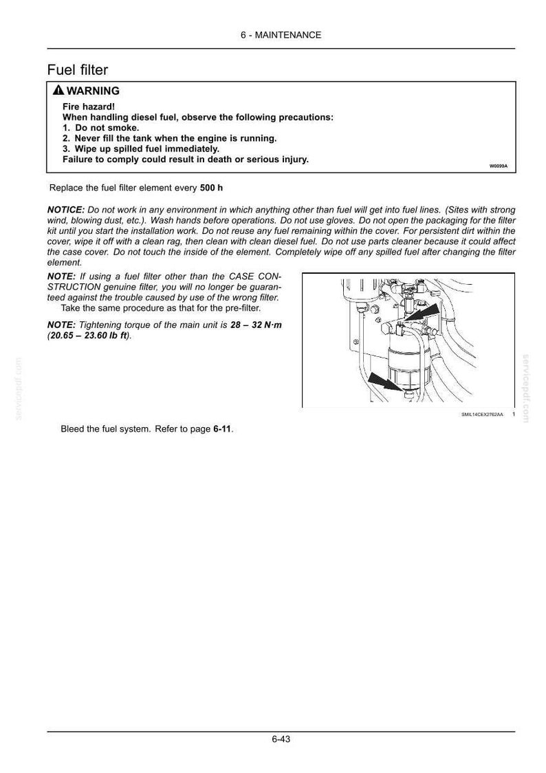 May include: A page from a maintenance manual detailing fuel filter replacement. The text includes safety warnings about fire hazards and instructions for handling diesel fuel. The image also shows a diagram of the fuel filter assembly and tightening torque specifications.