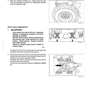 May include: A technical maintenance manual page titled Drive chain tension check and Drive chain adjustment. It includes instructional text, safety warnings, and three black and white diagrams showing a tire, jack stand placement, and axle-hubs.