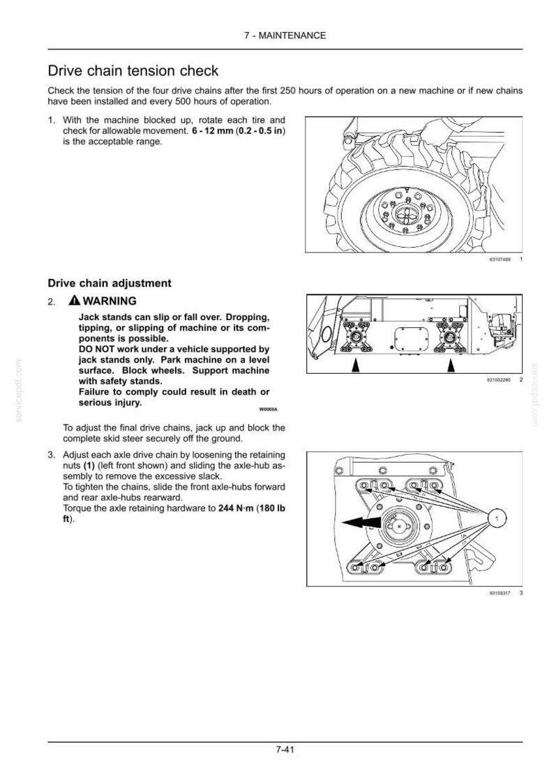May include: A technical maintenance manual page titled Drive chain tension check and Drive chain adjustment. It includes instructional text, safety warnings, and three black and white diagrams showing a tire, jack stand placement, and axle-hubs.