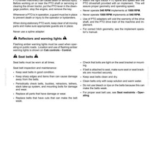 May include: A black and white document page titled 2-SAFETY INFORMATION. It contains text sections regarding Power Take-Off (PTO) safety, reflectors, warning lights, and seat belt maintenance, inspection, and proper usage instructions for machinery.