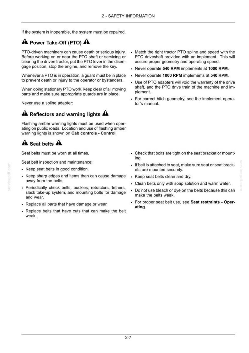 May include: A black and white document page titled 2-SAFETY INFORMATION. It contains text sections regarding Power Take-Off (PTO) safety, reflectors, warning lights, and seat belt maintenance, inspection, and proper usage instructions for machinery.