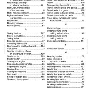 May include: Alphabetical index from a manual, featuring a list of terms and page numbers. Terms include "Safety devices", "Windshield", and "Starter motor". The document is printed on white paper.
