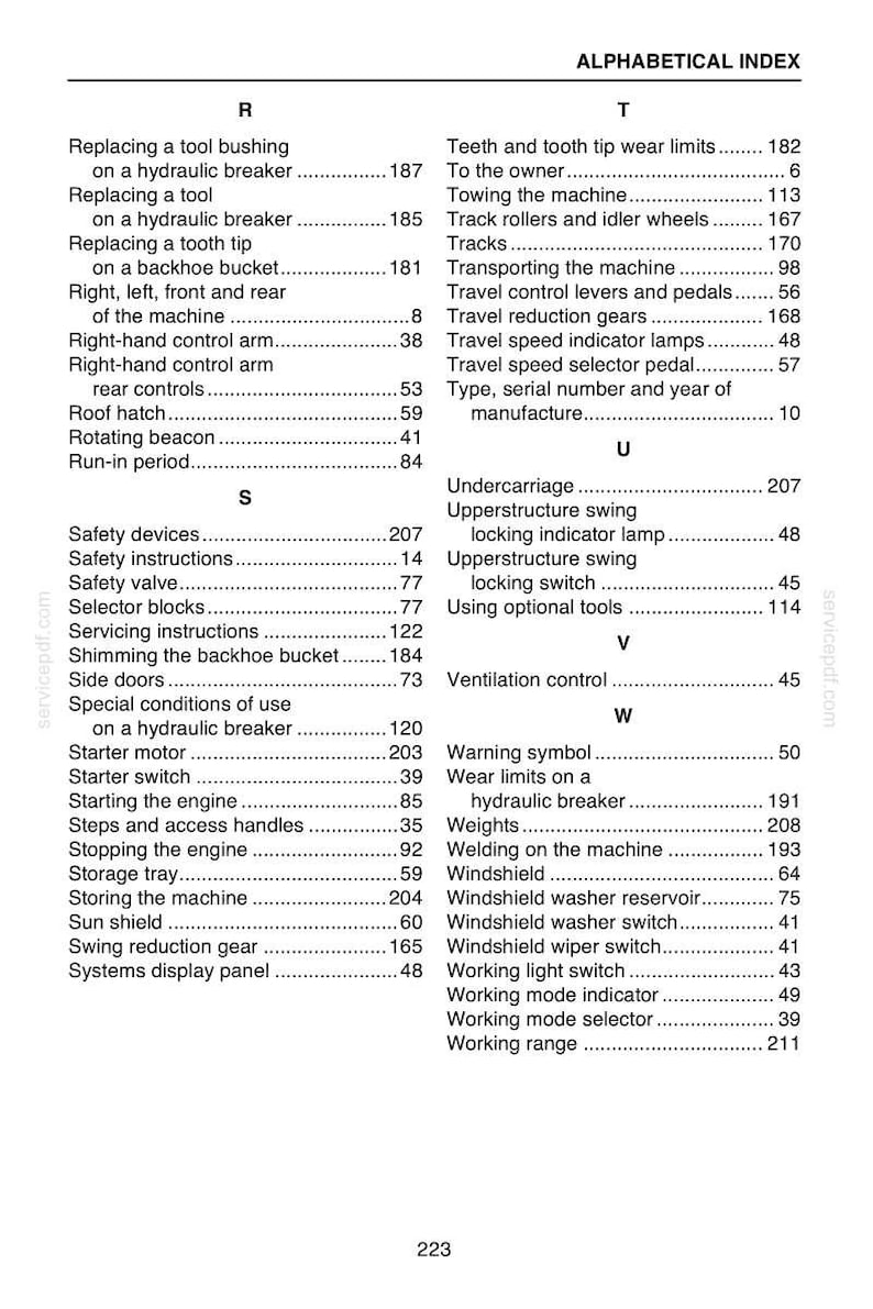 May include: Alphabetical index from a manual, featuring a list of terms and page numbers. Terms include "Safety devices", "Windshield", and "Starter motor". The document is printed on white paper.