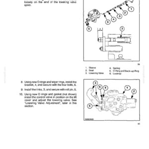 May include: A technical manual page titled SECTION 35 - HYDRAULIC SYSTEM - CHAPTER 1, featuring black and white line drawings of hydraulic components, numbered parts lists, and assembly instructions for installing a lowering valve spool and control valve.