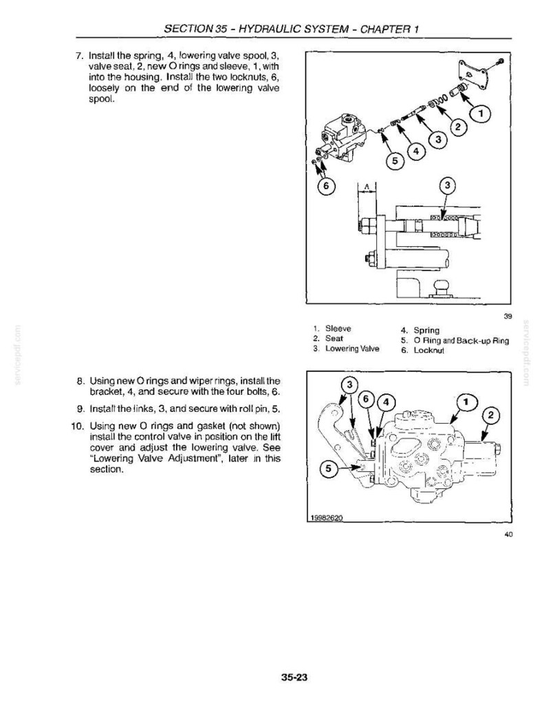 May include: A technical manual page titled SECTION 35 - HYDRAULIC SYSTEM - CHAPTER 1, featuring black and white line drawings of hydraulic components, numbered parts lists, and assembly instructions for installing a lowering valve spool and control valve.