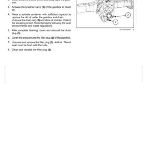 May include: Diagram from a maintenance manual showing the components of a gearbox. The image includes labels for the filler plug, drain plug, and breather valve, with instructions for maintenance procedures.