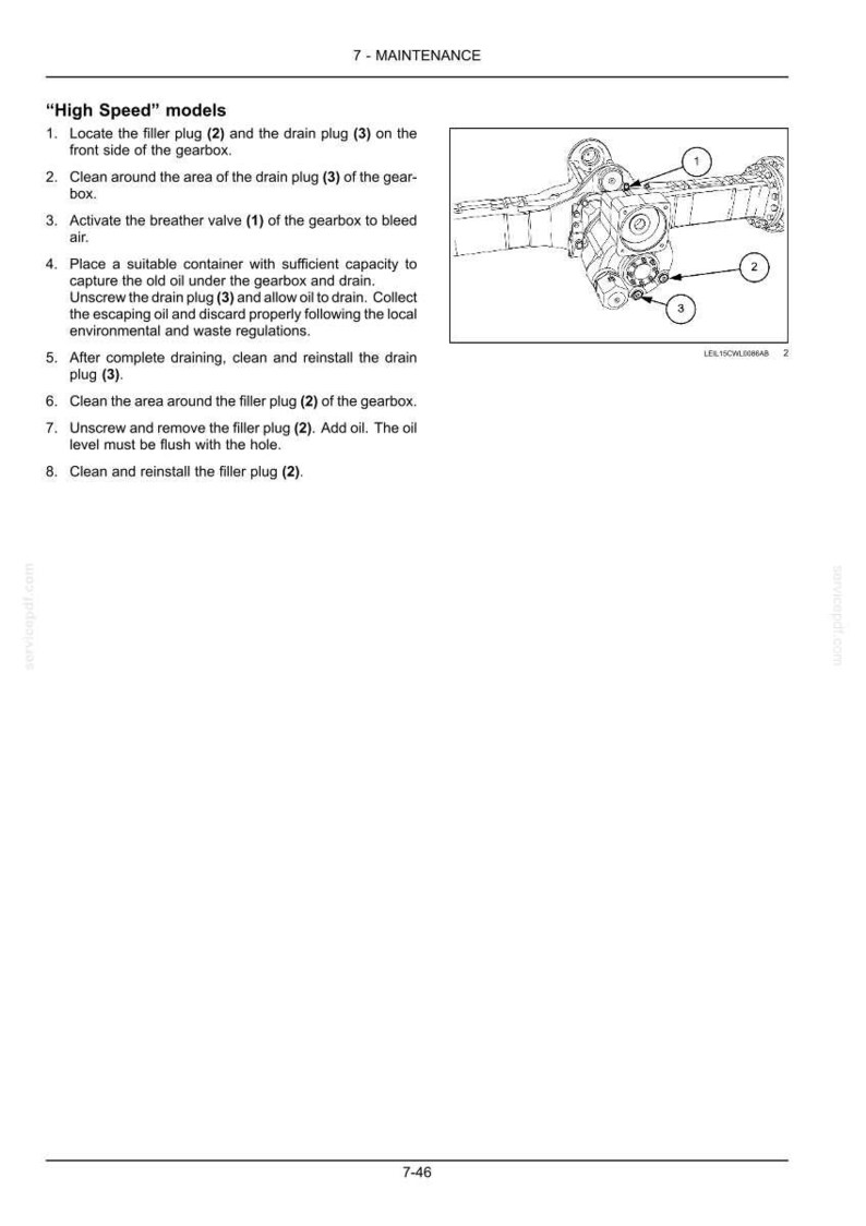 May include: Diagram from a maintenance manual showing the components of a gearbox. The image includes labels for the filler plug, drain plug, and breather valve, with instructions for maintenance procedures.
