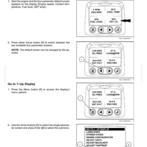 May include: A page from a manual showing a vehicle's display screen with various readings, including engine RPM, coolant temperature, fuel level, and DEF level. The display also shows oil pressure, load, battery voltage, and engine hours. Menu options are also displayed.