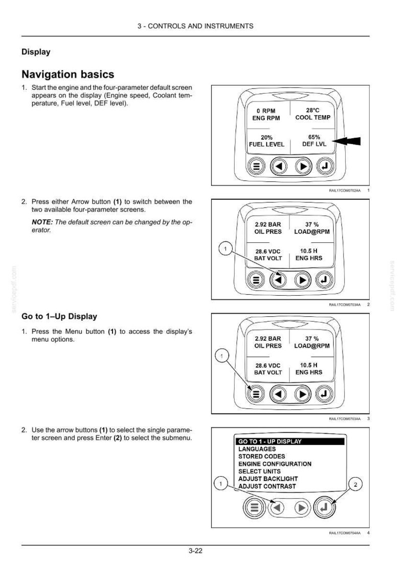May include: A page from a manual showing a vehicle's display screen with various readings, including engine RPM, coolant temperature, fuel level, and DEF level. The display also shows oil pressure, load, battery voltage, and engine hours. Menu options are also displayed.