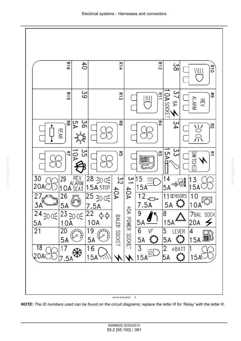 May include: Diagram of an electrical system with harnesses and connectors, featuring labeled fuses and relays. Includes amperage ratings and symbols for various circuits, such as lights, alarms, and sensors. The diagram is in black and white.