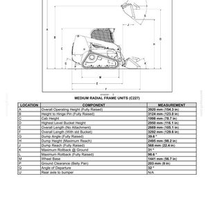 May include: A technical diagram of a tracked skid steer loader labeled Medium Radial Frame Units (C227). The image includes a side-view line drawing with dimension lines A through Q and a corresponding table listing measurements in inches and mm.