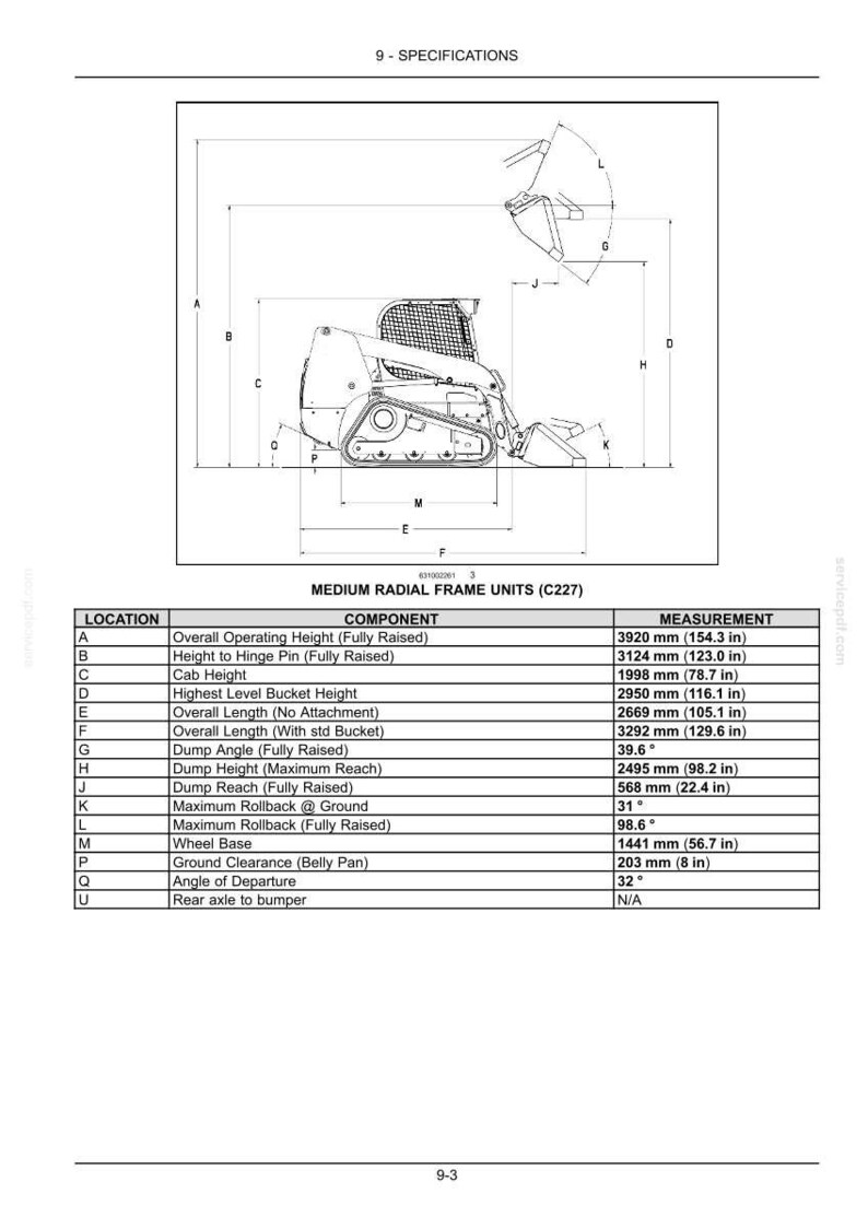 May include: A technical diagram of a tracked skid steer loader labeled Medium Radial Frame Units (C227). The image includes a side-view line drawing with dimension lines A through Q and a corresponding table listing measurements in inches and mm.