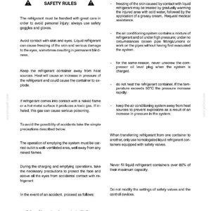 May include: A page from a manual detailing safety rules for a cab air conditioning system. The text includes warnings about handling refrigerant, eye contact, and heat sources. It also provides instructions for accidents.