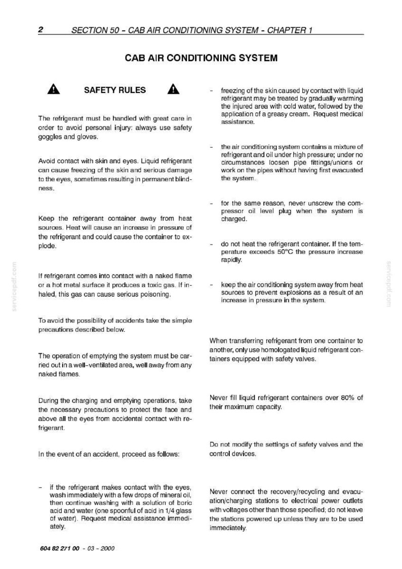 May include: A page from a manual detailing safety rules for a cab air conditioning system. The text includes warnings about handling refrigerant, eye contact, and heat sources. It also provides instructions for accidents.