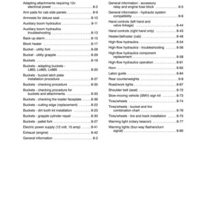 May include: A black and white technical document page titled SECTION 8 - OPTIONAL EQUIPMENT INDEX. The text lists various equipment components and their corresponding page numbers, including armrests, hydraulics, buckets, and lighting systems.