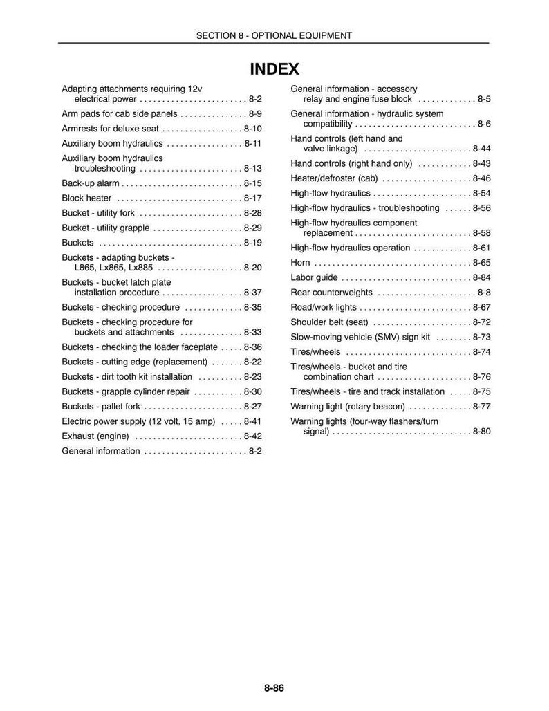 May include: A black and white technical document page titled SECTION 8 - OPTIONAL EQUIPMENT INDEX. The text lists various equipment components and their corresponding page numbers, including armrests, hydraulics, buckets, and lighting systems.
