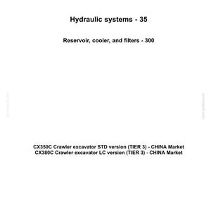 Puede incluir: Documento blanco con el logo "CASE CONSTRUCTION". Detalla "Hydraulic systems - 35" y "Reservoir, cooler, and filters - 300". Incluye modelos de excavadoras CX350C y CX380C, con informaci&oacute;n de mercado.