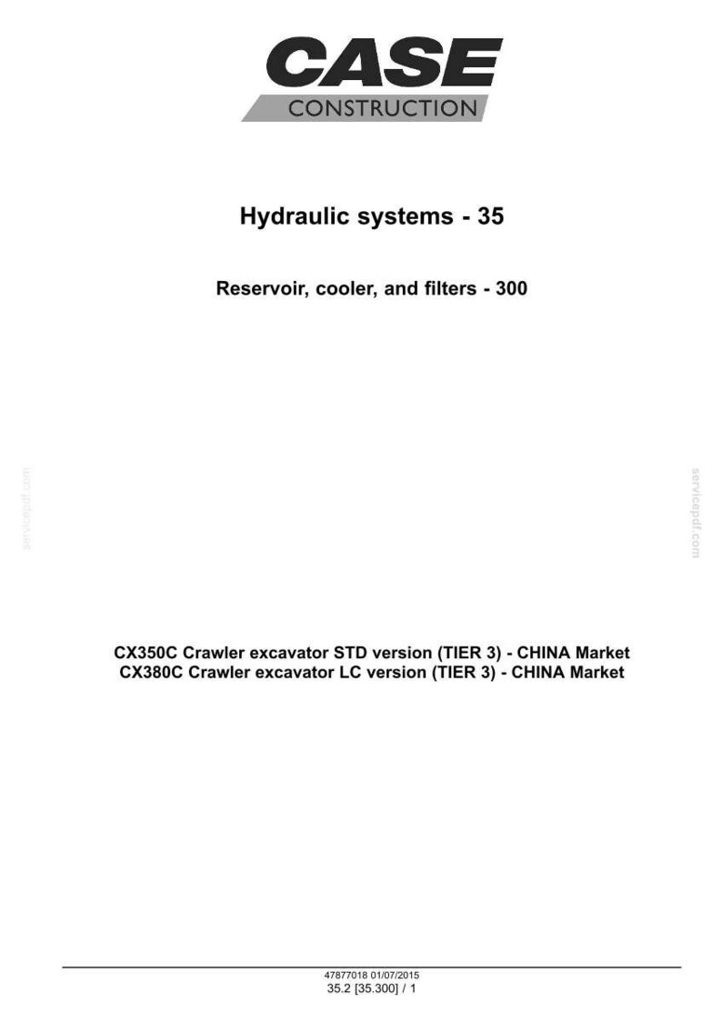 Puede incluir: Documento blanco con el logo "CASE CONSTRUCTION". Detalla "Hydraulic systems - 35" y "Reservoir, cooler, and filters - 300". Incluye modelos de excavadoras CX350C y CX380C, con informaci&oacute;n de mercado.