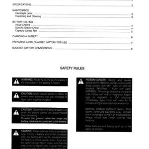 Op de afbeelding: Een gedrukte pagina met veiligheidsinformatie over batterijen. Het document bevat een inhoudsopgave, waarschuwingen over accuzuur en instructies voor onderhoud en testen. De tekst is zwart op een witte achtergrond.
