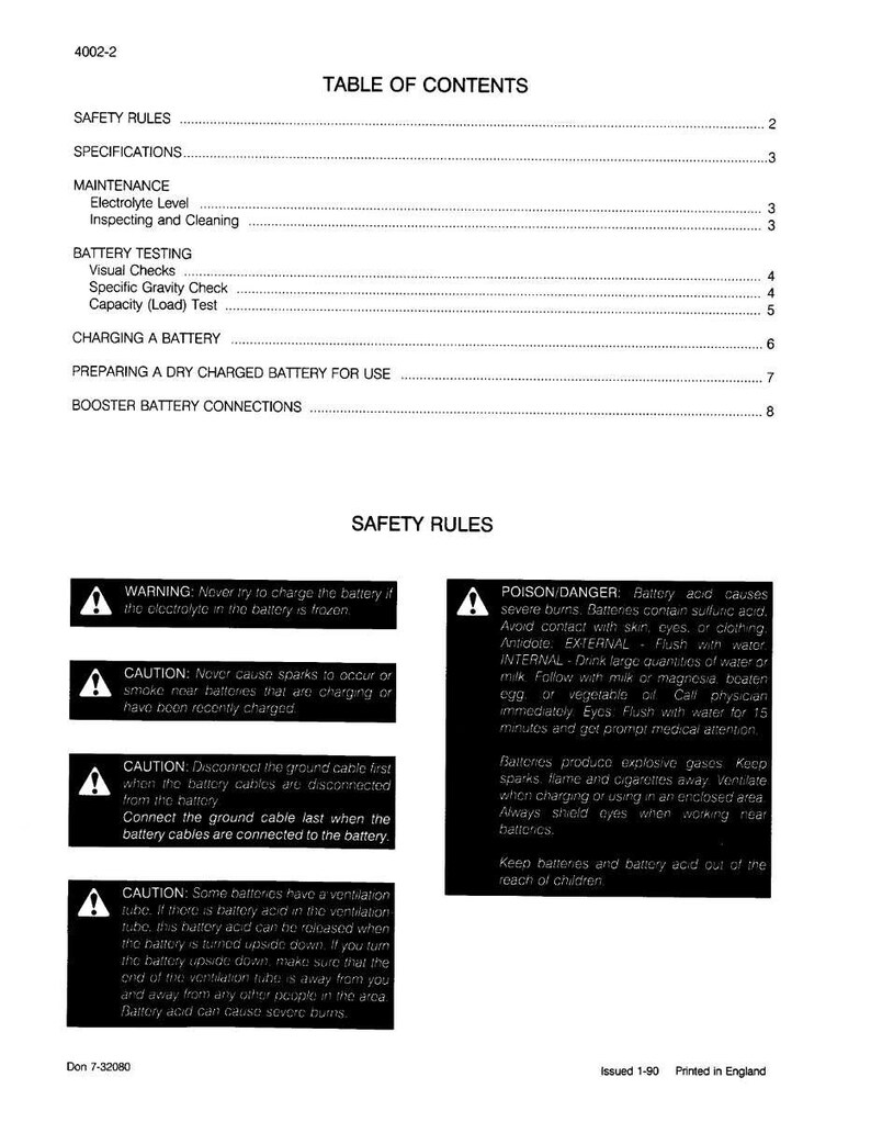 Op de afbeelding: Een gedrukte pagina met veiligheidsinformatie over batterijen. Het document bevat een inhoudsopgave, waarschuwingen over accuzuur en instructies voor onderhoud en testen. De tekst is zwart op een witte achtergrond.