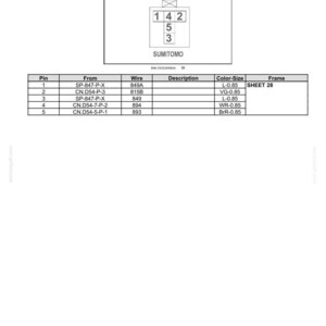 May include: Diagram of a CN.D54-4 relay stop connector, labeled 'Male'. The diagram includes a schematic with numbered pins and a table detailing pin connections, wire types, and color-size specifications. The text 'SUMITOMO' is also present.