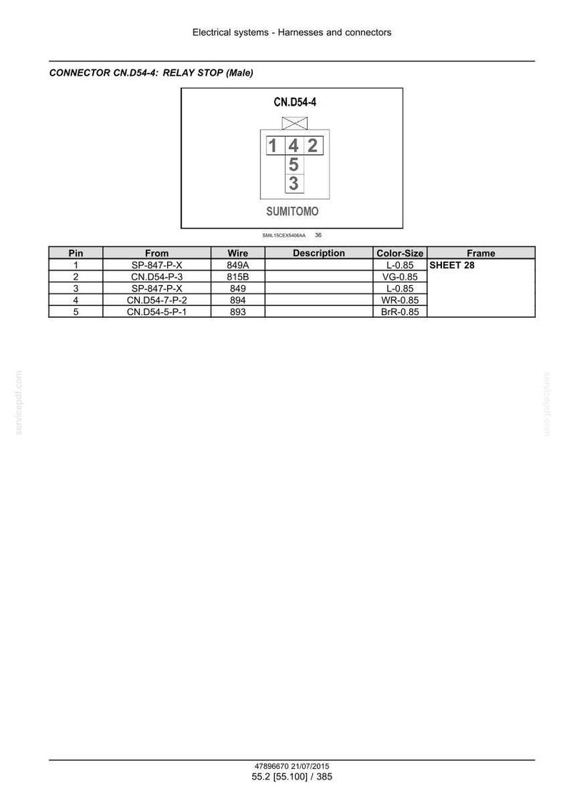 May include: Diagram of a CN.D54-4 relay stop connector, labeled 'Male'. The diagram includes a schematic with numbered pins and a table detailing pin connections, wire types, and color-size specifications. The text 'SUMITOMO' is also present.