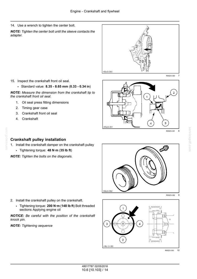 Puede incluir: Diagrama de los componentes del cig&uuml;e&ntilde;al y el volante del motor. Incluye ilustraciones del ret&eacute;n de aceite, la caja de engranajes de distribuci&oacute;n y la instalaci&oacute;n de la polea del cig&uuml;e&ntilde;al. Par de apriete: 48 N&middot;m.