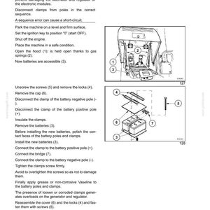 May include: Diagram illustrating battery replacement steps. Includes images of the engine compartment, battery components, and instructions. Text includes warnings and numbered steps for safe battery removal and installation.