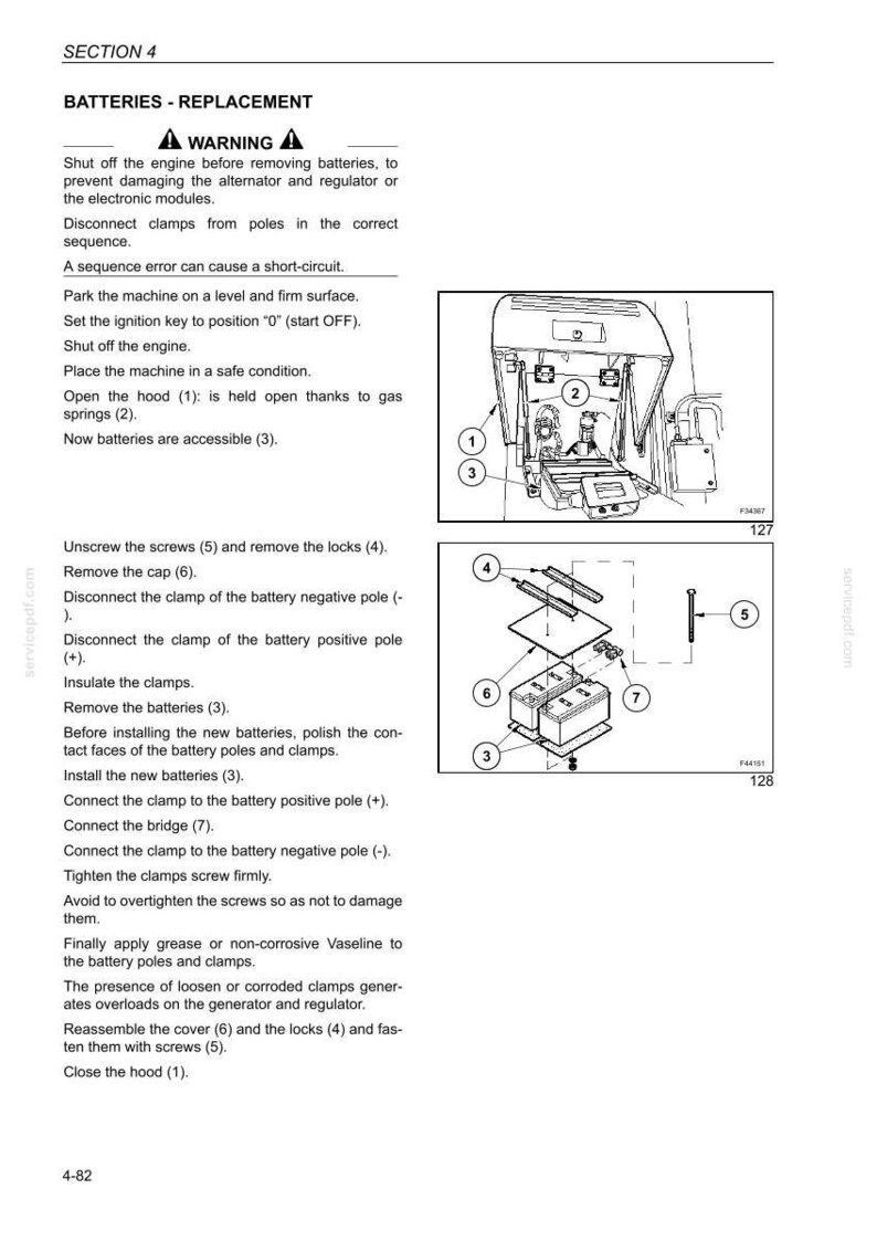 May include: Diagram illustrating battery replacement steps. Includes images of the engine compartment, battery components, and instructions. Text includes warnings and numbered steps for safe battery removal and installation.