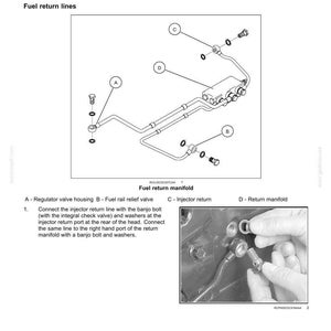 Puede incluir: Diagrama de un sistema de combustible e inyecci&oacute;n, con etiquetas para las l&iacute;neas de retorno de combustible, la carcasa de la v&aacute;lvula reguladora, la v&aacute;lvula de alivio del riel de combustible, el retorno del inyector y el colector de retorno.