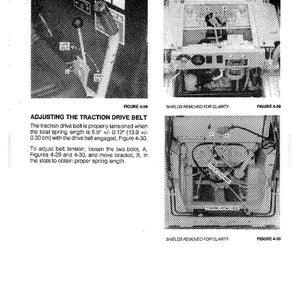 May include: A technical manual page titled MAINTENANCE featuring three black and white diagrams labeled Figure 4-28, 4-29, and 4-30. The text provides instructions for adjusting the traction drive belt, specifying a spring length of 5.5 inches +/- 0.12 inches.