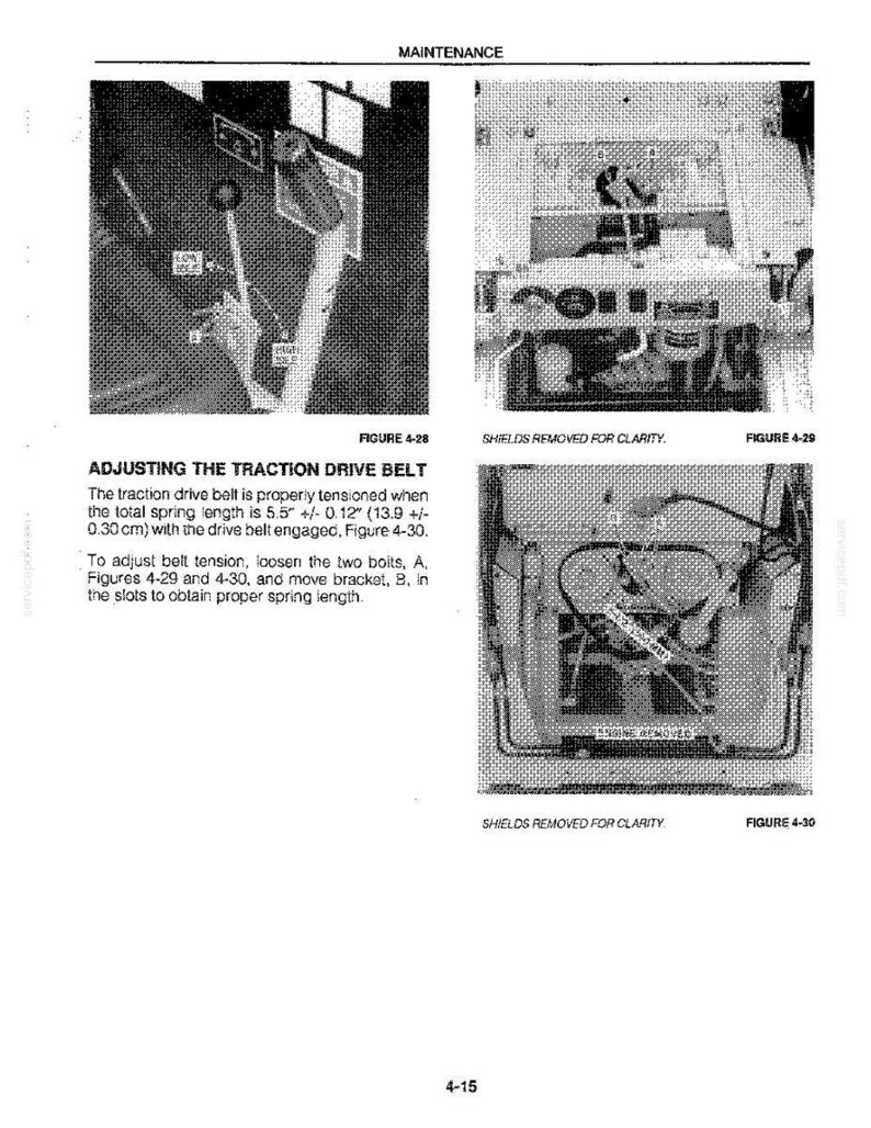 May include: A technical manual page titled MAINTENANCE featuring three black and white diagrams labeled Figure 4-28, 4-29, and 4-30. The text provides instructions for adjusting the traction drive belt, specifying a spring length of 5.5 inches +/- 0.12 inches.