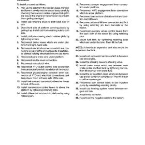 May include: A technical document page titled Section 90 - Platform, Cab, Bodywork and Decals - Chapter 1. The text provides a numbered list of 28 installation instructions for tractor components, including cab, platform, levers, hoses, and wiring.