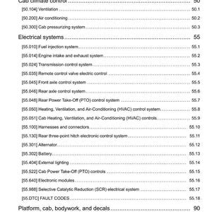 May include: A detailed table of contents from a manual, featuring sections on track rollers, cab climate control, electrical systems, and platform components. The document includes page numbers and sub-sections for easy navigation.