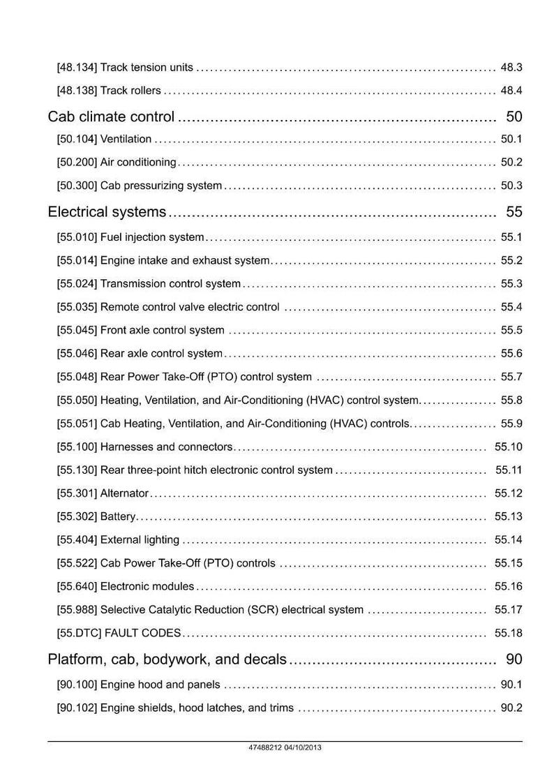 May include: A detailed table of contents from a manual, featuring sections on track rollers, cab climate control, electrical systems, and platform components. The document includes page numbers and sub-sections for easy navigation.