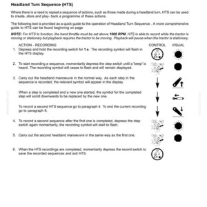 May include: A technical document page titled 6-WORKING OPERATIONS, detailing the Headland Turn Sequence (HTS) quick guide. It includes numbered instructions for recording sequences, control icons, and visual indicators for tractor operations.