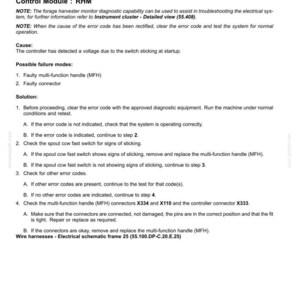 Pu&ograve; includere: Una pagina di documento tecnico intitolata Electrical systems - FAULT CODES, che descrive l'errore E1339-07-Spout CCW fast, Mechanical system not responding or out of adjustment. Elenca il modulo di controllo RHM, le cause e le soluzioni.