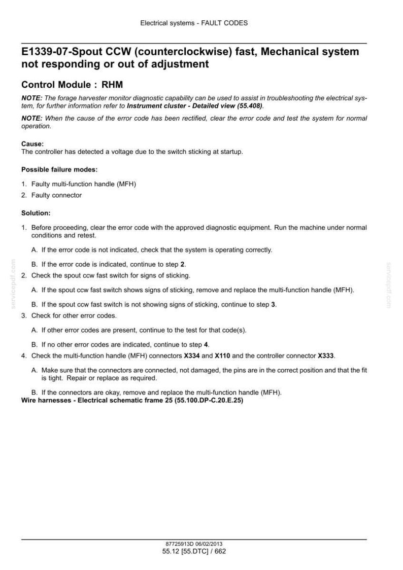 Pu&ograve; includere: Una pagina di documento tecnico intitolata Electrical systems - FAULT CODES, che descrive l'errore E1339-07-Spout CCW fast, Mechanical system not responding or out of adjustment. Elenca il modulo di controllo RHM, le cause e le soluzioni.
