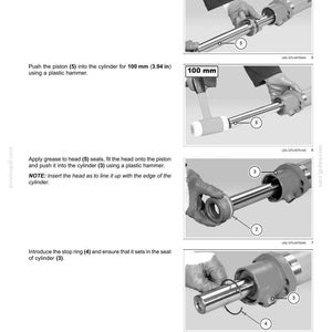 Peut inclure: Diagramme d'assemblage d'un v&eacute;rin de direction. Les &eacute;tapes incluent l'insertion d'un arbre, l'enfoncement d'un piston de 100 mm, l'application de graisse et l'installation d'un circlip. L'image comprend du texte et des composants num&eacute;rot&eacute;s.