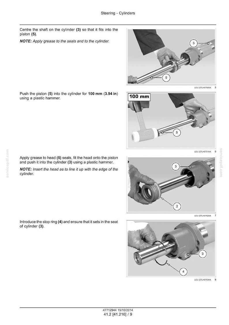 Peut inclure: Diagramme d'assemblage d'un v&eacute;rin de direction. Les &eacute;tapes incluent l'insertion d'un arbre, l'enfoncement d'un piston de 100 mm, l'application de graisse et l'installation d'un circlip. L'image comprend du texte et des composants num&eacute;rot&eacute;s.
