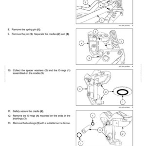 May include: Diagram of a fertilizer applicator with numbered parts. Instructions include removing nuts, bolts, pins, and O-rings. The image shows detailed mechanical components for maintenance and assembly.