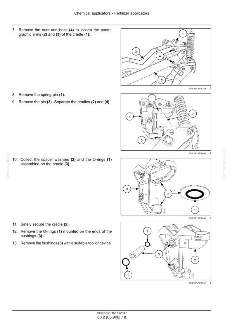 May include: Diagram of a fertilizer applicator with numbered parts. Instructions include removing nuts, bolts, pins, and O-rings. The image shows detailed mechanical components for maintenance and assembly.