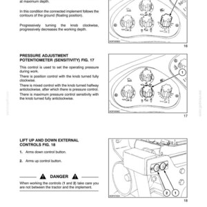 May include: A technical manual page titled SECTION 7 - ACCESSORIES featuring three diagrams. Figures 16 and 17 show control panels with knobs for working depth and pressure adjustment. Figure 18 displays external lift up and down control buttons.
