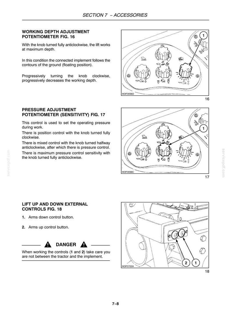 May include: A technical manual page titled SECTION 7 - ACCESSORIES featuring three diagrams. Figures 16 and 17 show control panels with knobs for working depth and pressure adjustment. Figure 18 displays external lift up and down control buttons.