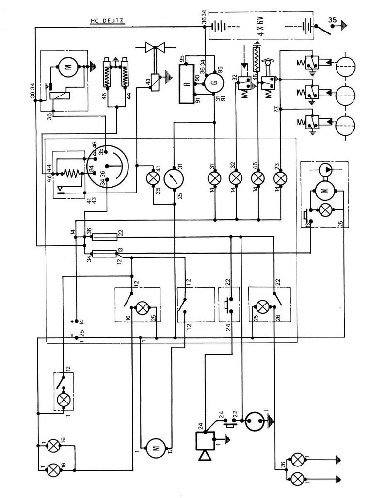May include: A black and white schematic diagram with the text "HC DEUTZ". The diagram includes various symbols representing electrical components, such as motors, switches, and resistors, connected by lines.